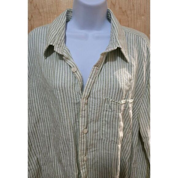 Old Navy Mens XL Green & White Striped  Linen-Cotton Long Sleeve Button-Up Shirt - Picture 1 of 7